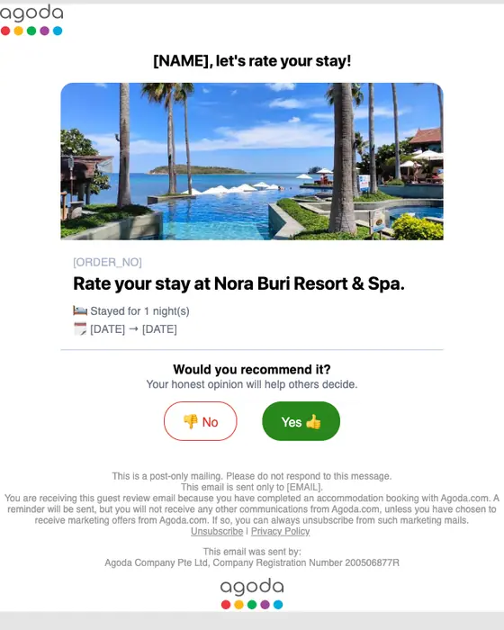 Agoda survey email: [Booking [REF]] Final Reminder: Would you recommend Nora Buri Resort & Spa?