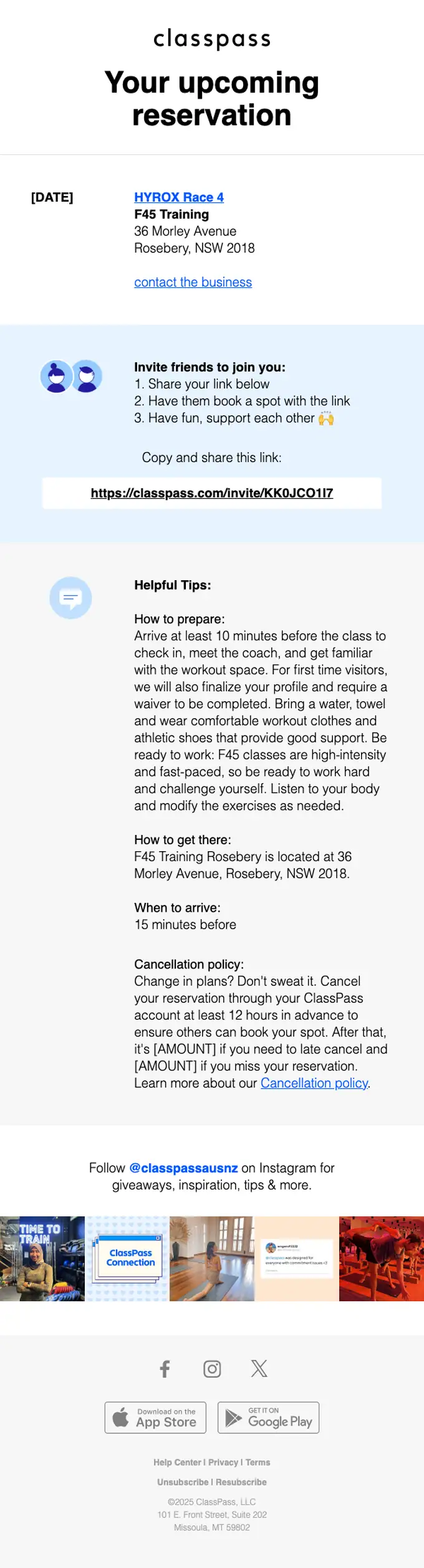 ClassPass reservation email, full length