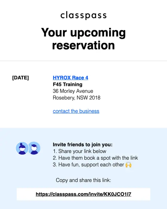 ClassPass reservation email