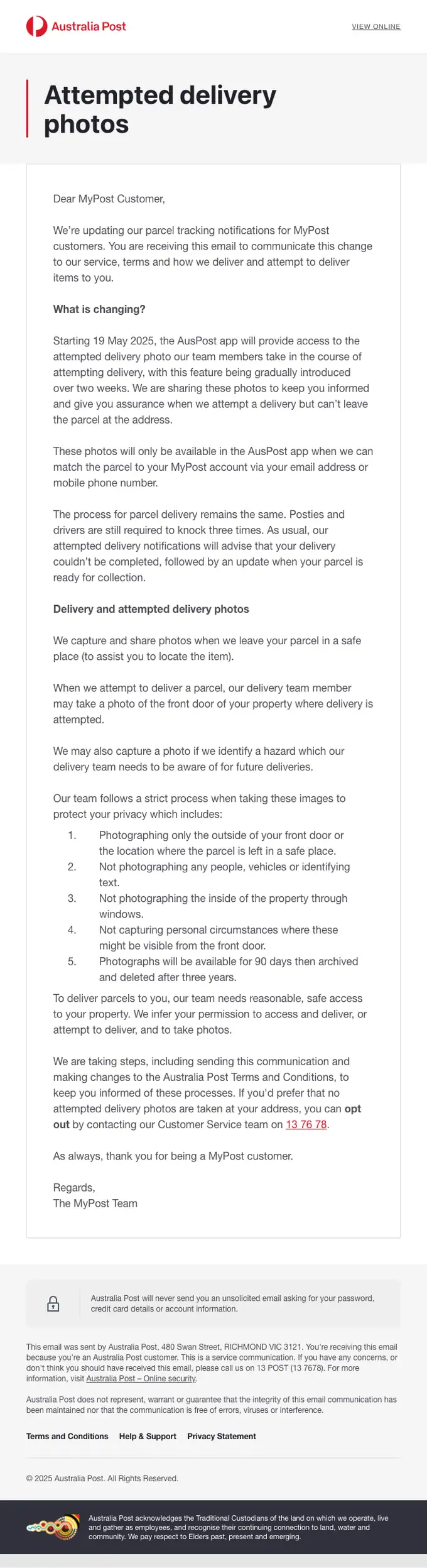 Australia Post account notice email, full length