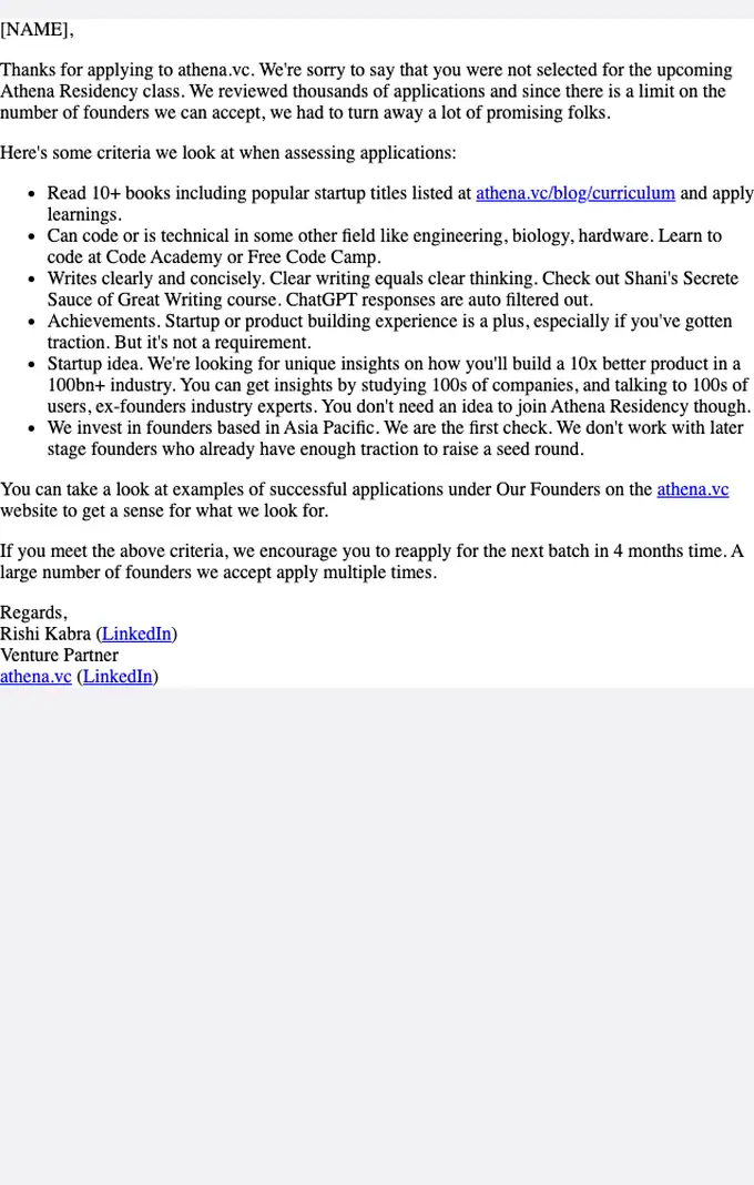 Athena VC account notice email, full length