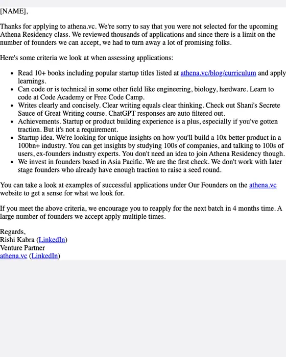 Athena VC account notice email