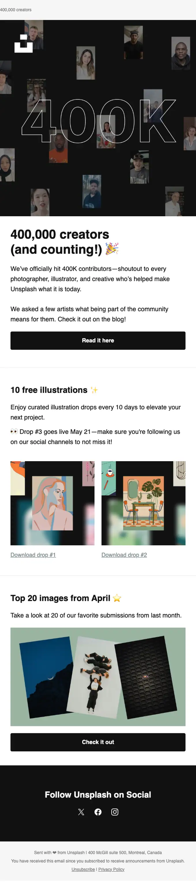 Unsplash promotional email, full length