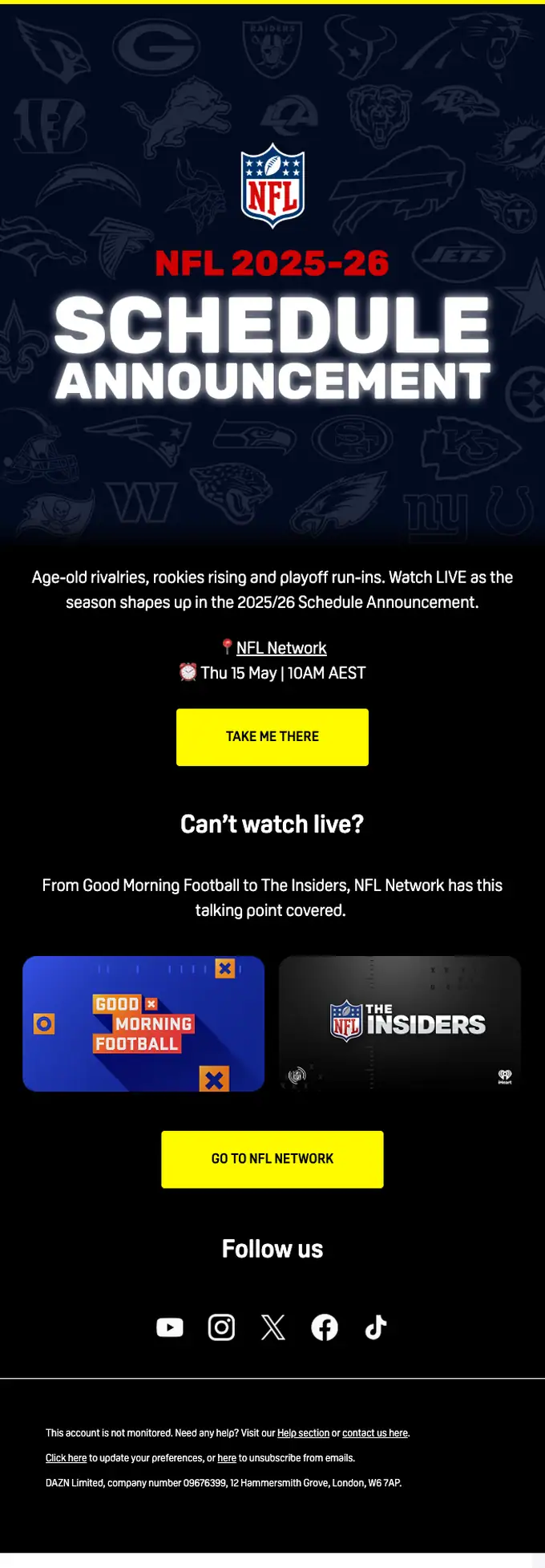 NFL Game Pass from DAZN promotional email, full length
