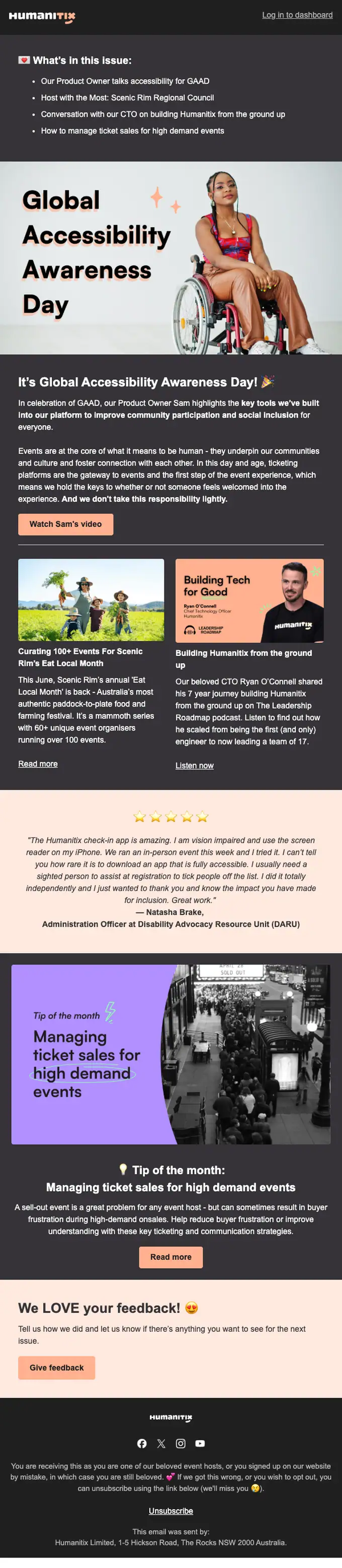 Humanitix newsletter email, full length