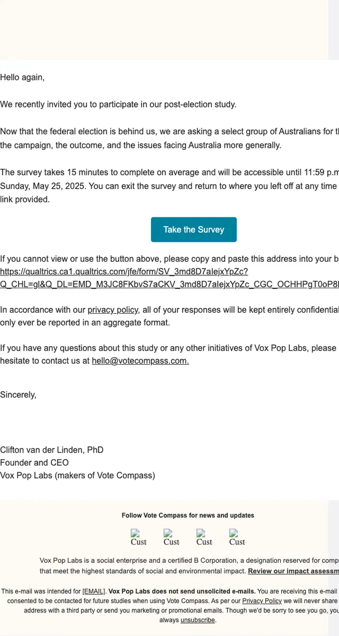 Vote Compass survey email, full length