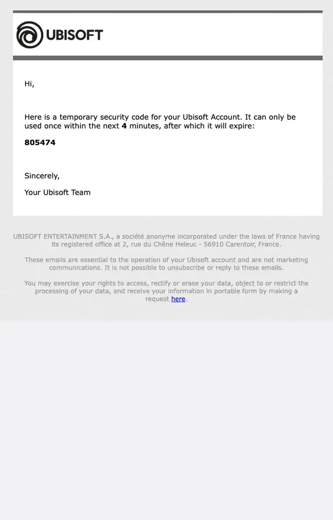 Ubisoft otp email, full length