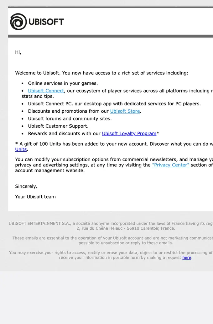 Ubisoft welcome email, full length