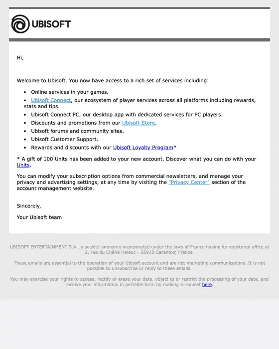 Ubisoft welcome email