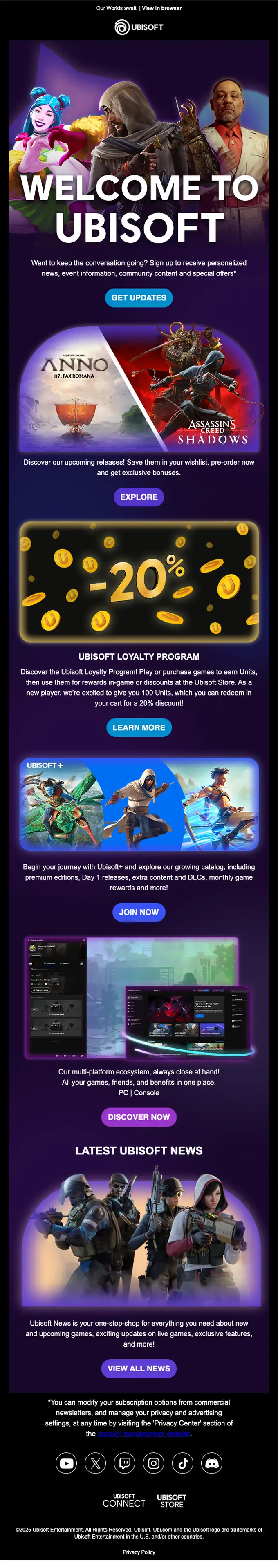 Ubisoft welcome email, full length