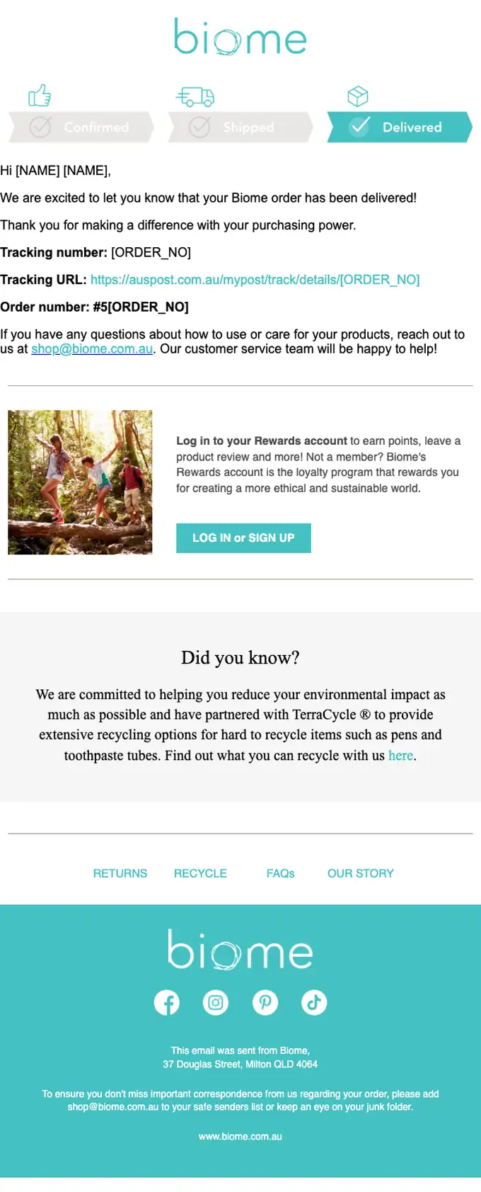 Biome Eco Stores delivery email, full length