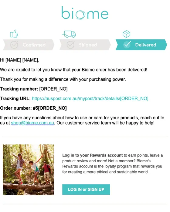 Biome Eco Stores delivery email