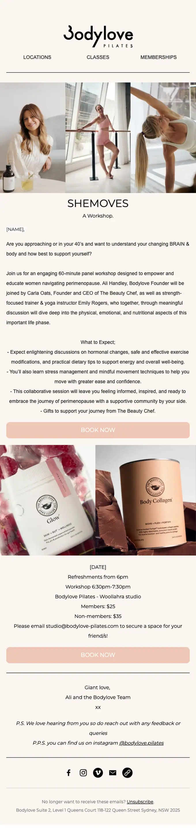 Bodylove Pilates event invite email, full length
