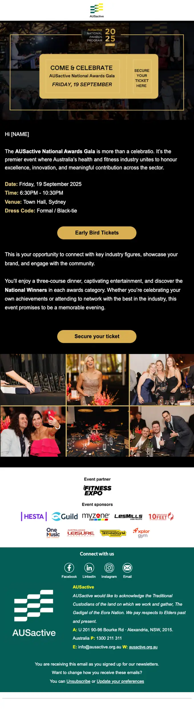 AUSactive event invite email, full length