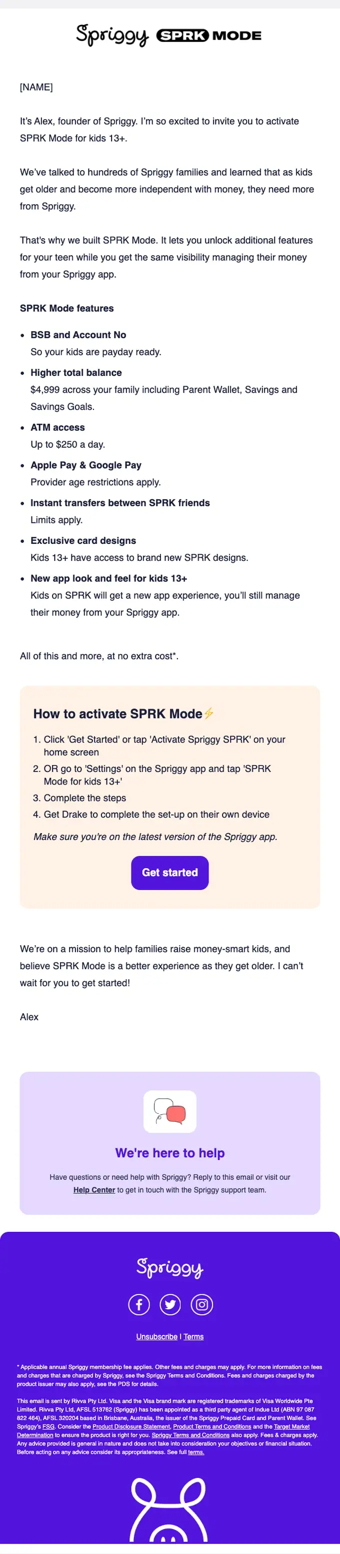 Spriggy product launch email, full length