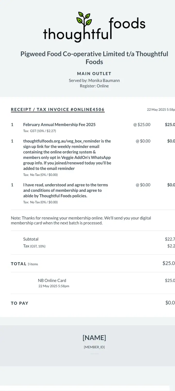Pigweed Food Co-operative Limited receipt email, full length