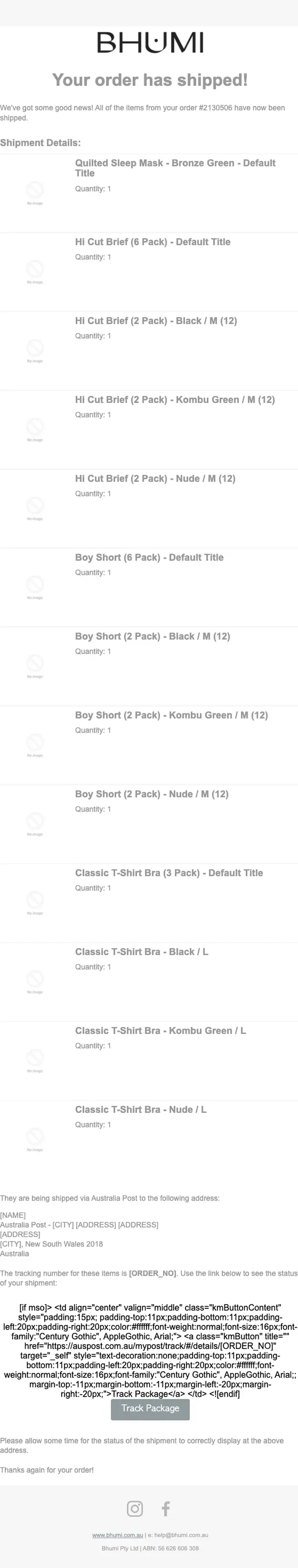 Bhumi Organic Cotton (AU) shipping email, full length