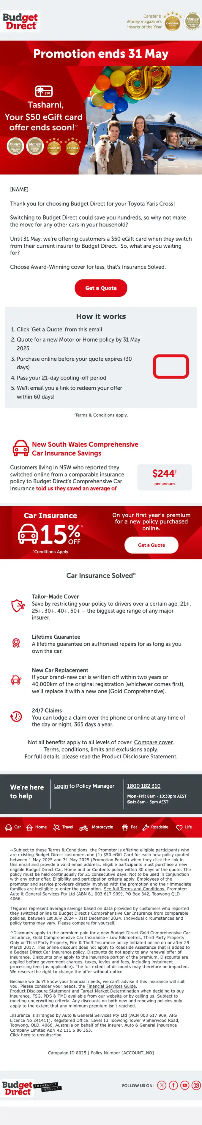 Budget Direct promotional email, full length