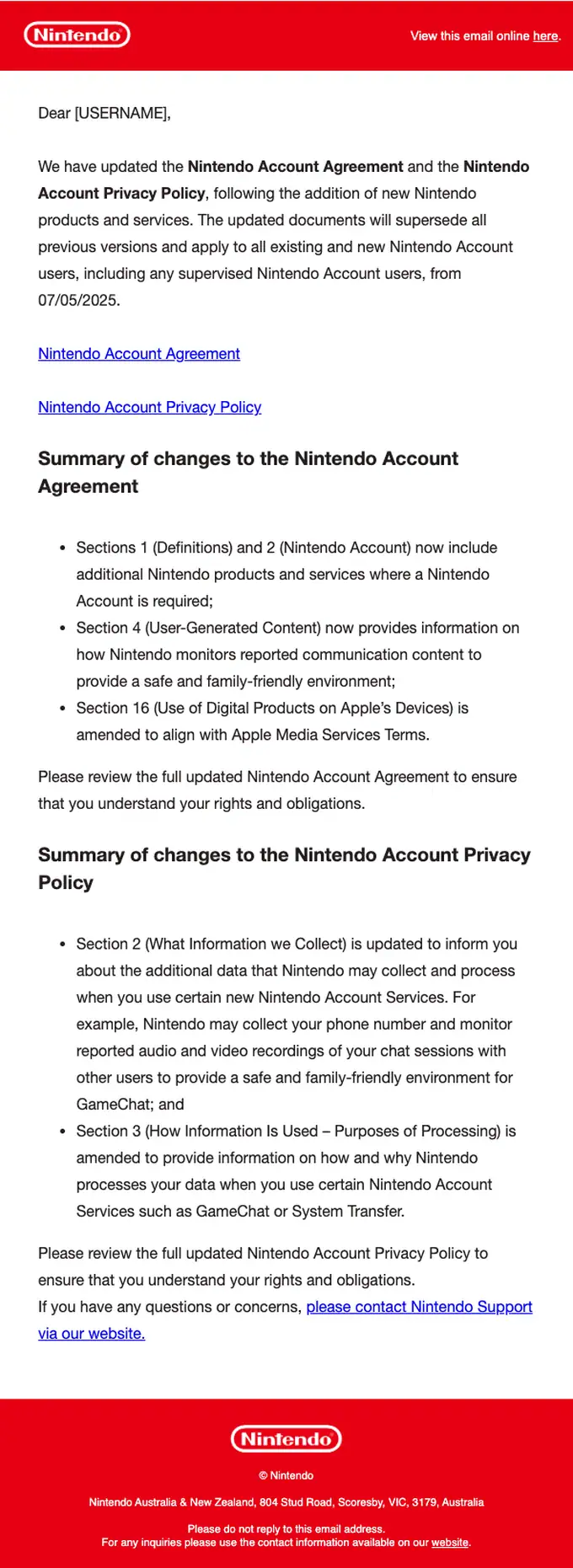 Nintendo Australia & New Zealand account notice email, full length