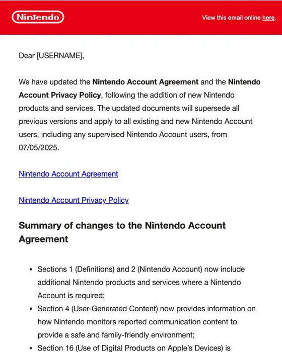 Nintendo Australia & New Zealand account notice email