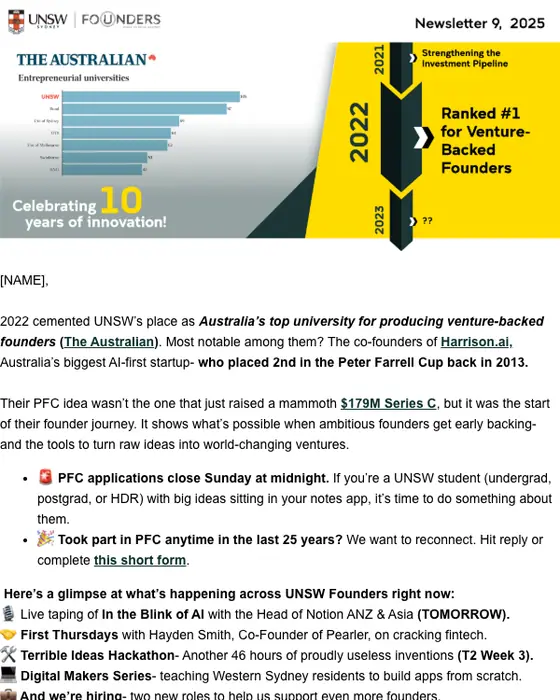 UNSW Founders newsletter email: From PFC to a $179M Series C. Just Saying
