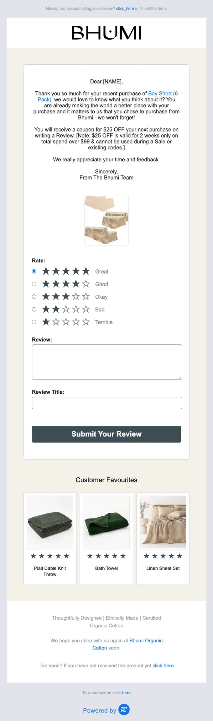 Bhumi Organic Cotton survey email, full length