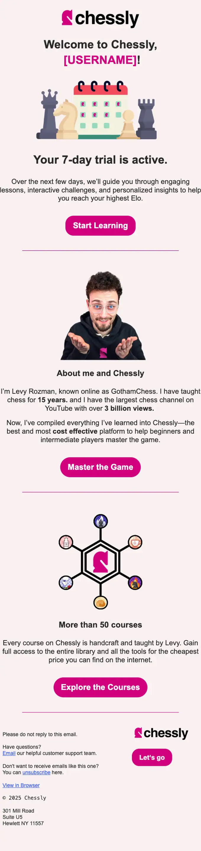 Chessly welcome email, full length