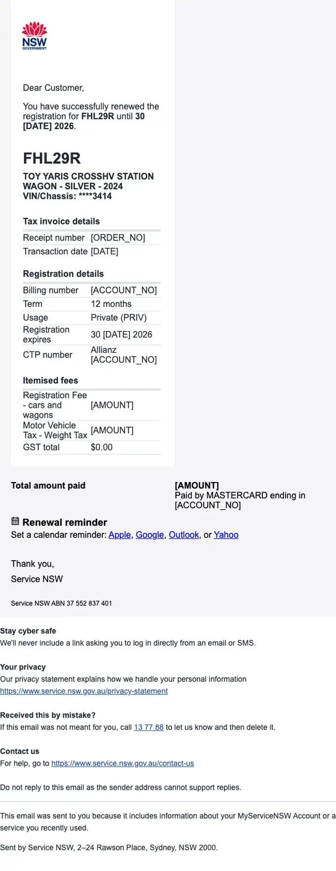 Service NSW receipt email, full length