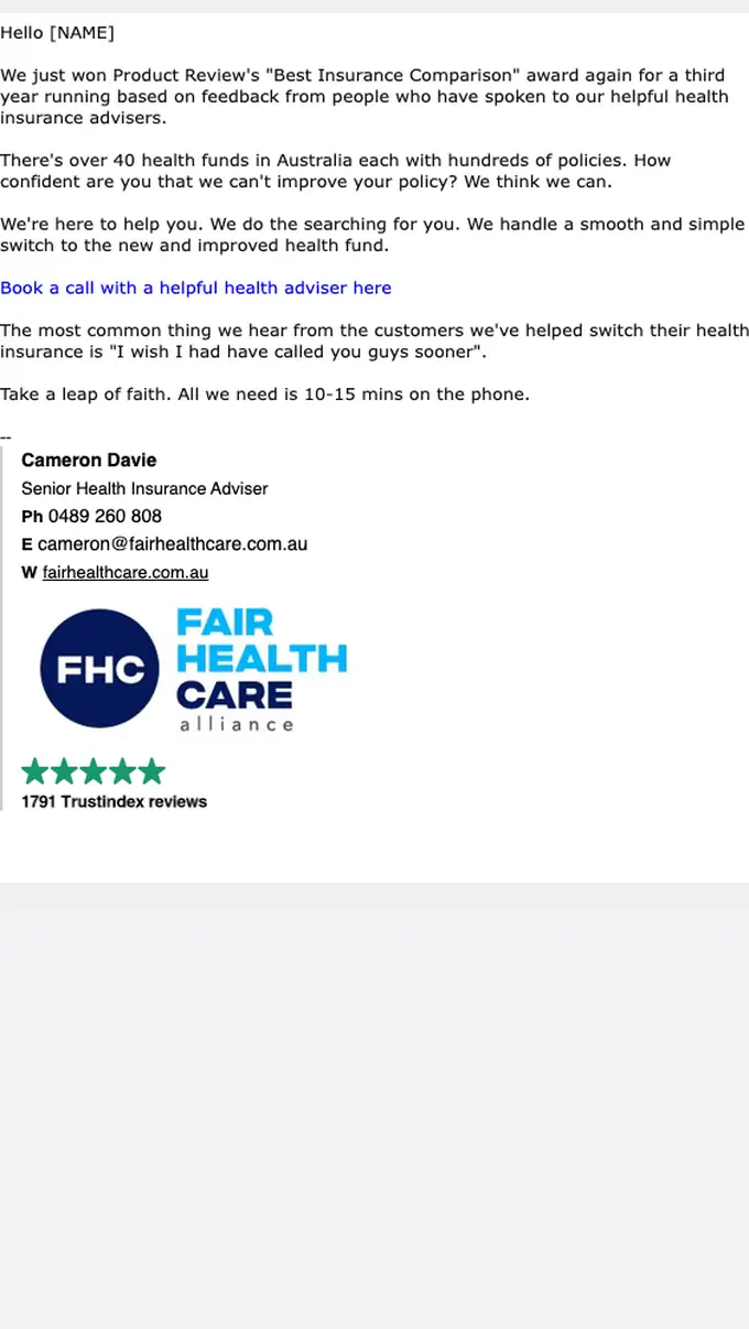 Fair Healthcare promotional email, full length