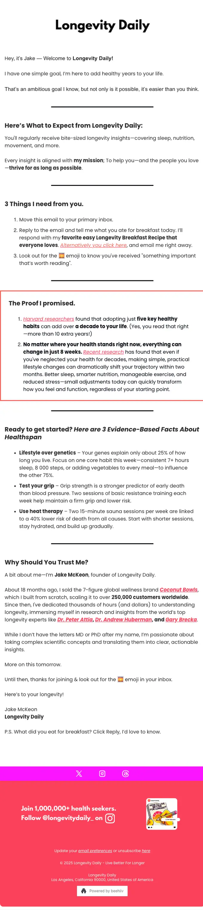 Longevity Daily welcome email, full length