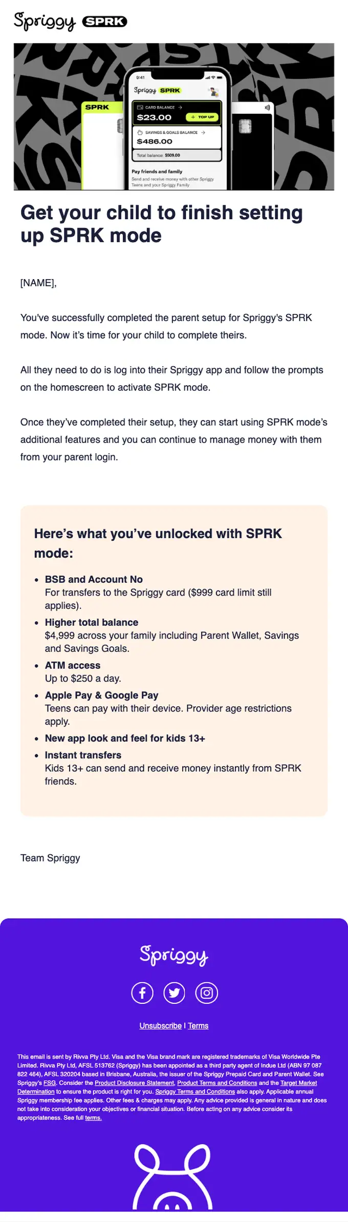 Spriggy SPRK account notice email, full length