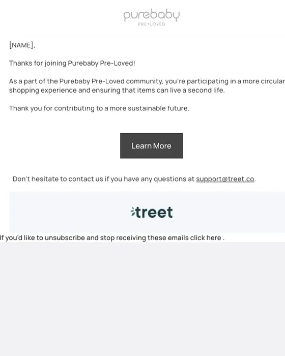Treet welcome email: Welcome to Purebaby Pre-Loved!