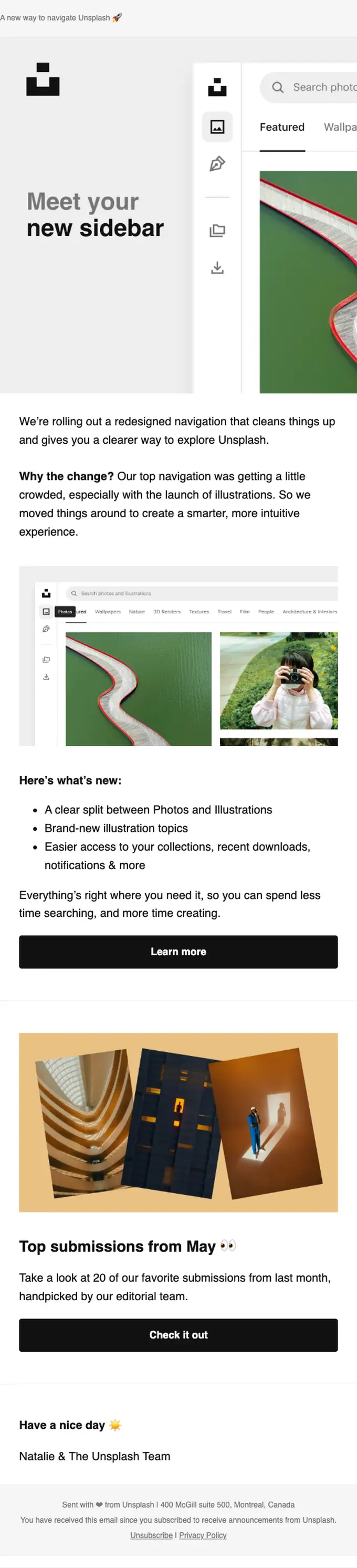 Unsplash product launch email, full length