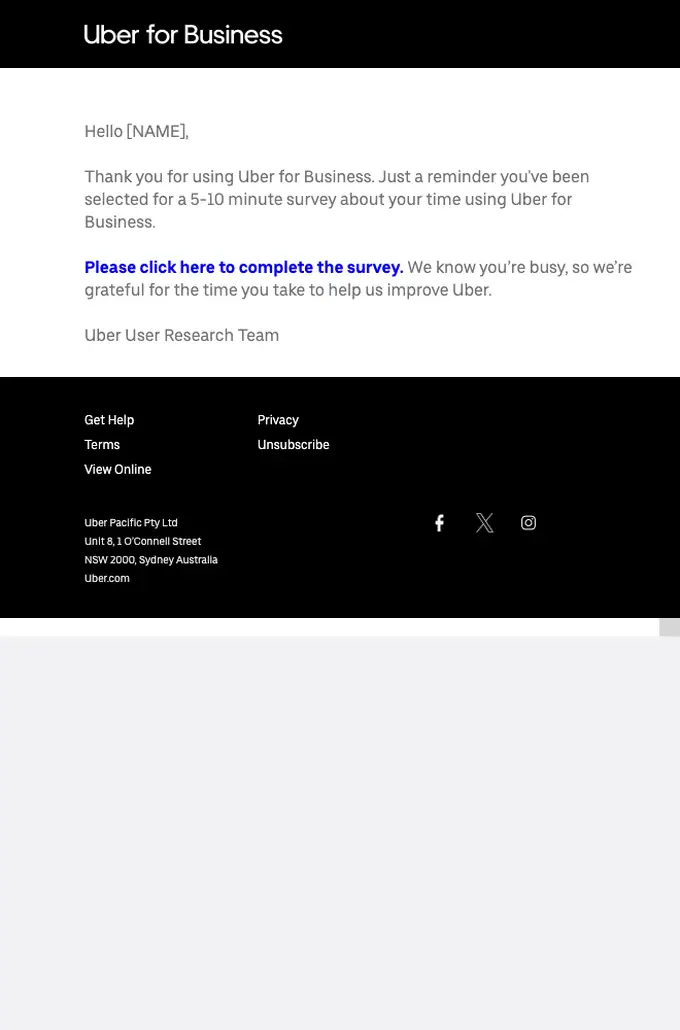 Uber Research survey email, full length