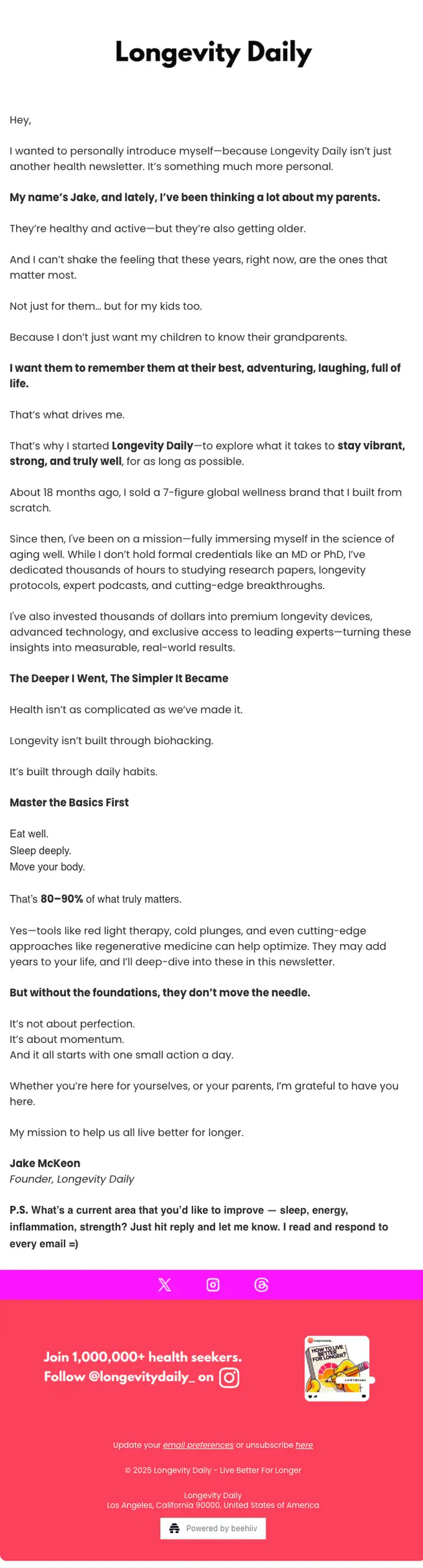 Longevity Daily welcome email, full length