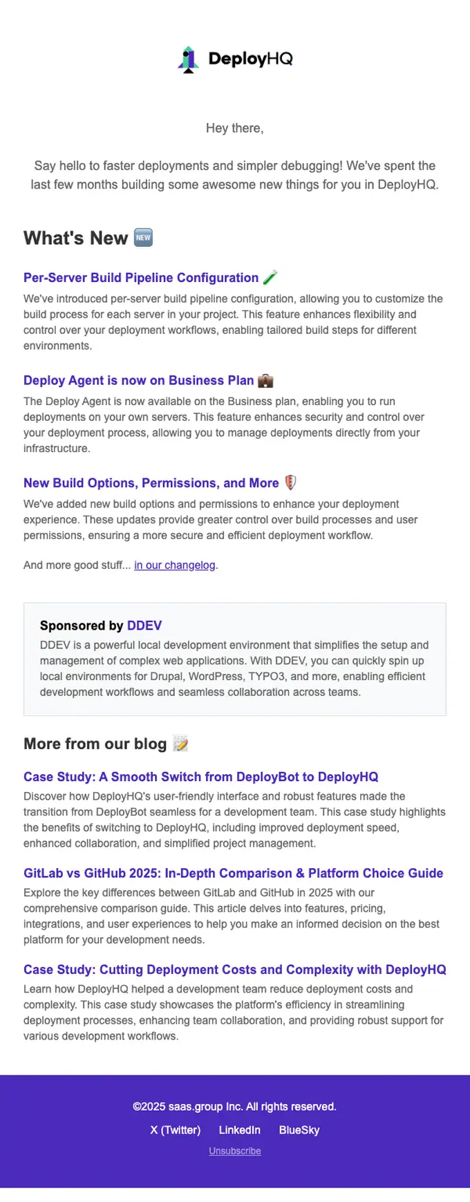 DeployHQ newsletter email, full length