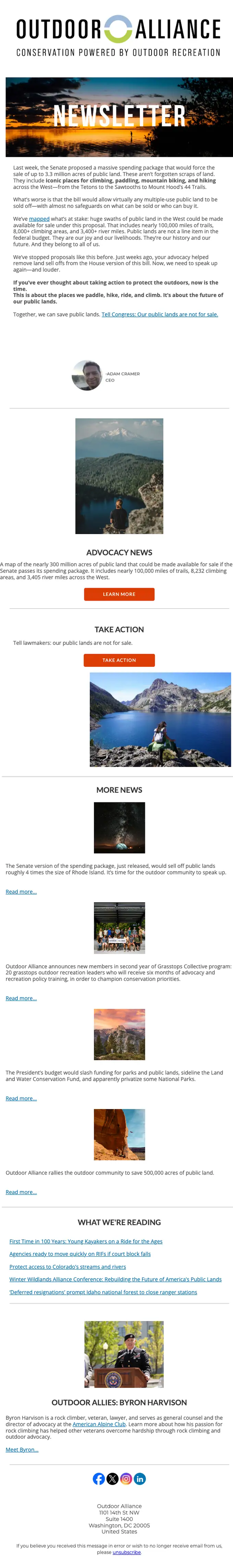 Outdoor Alliance newsletter email, full length