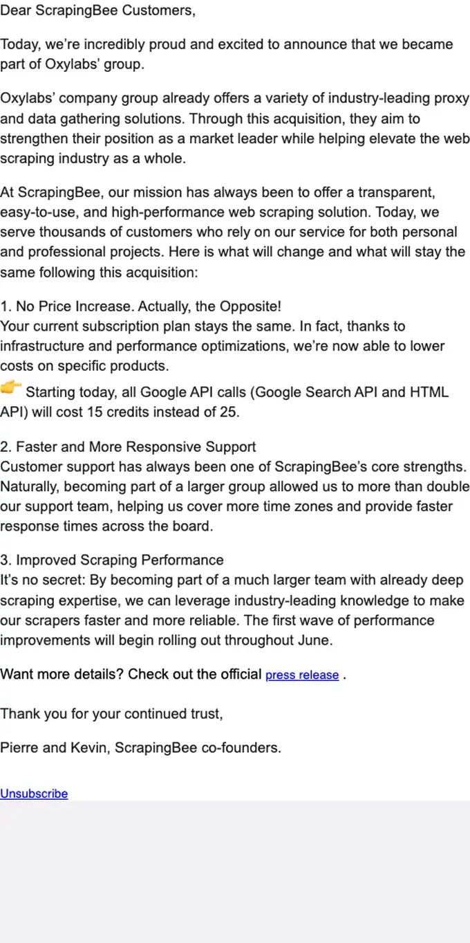 ScrapingBee account notice email, full length