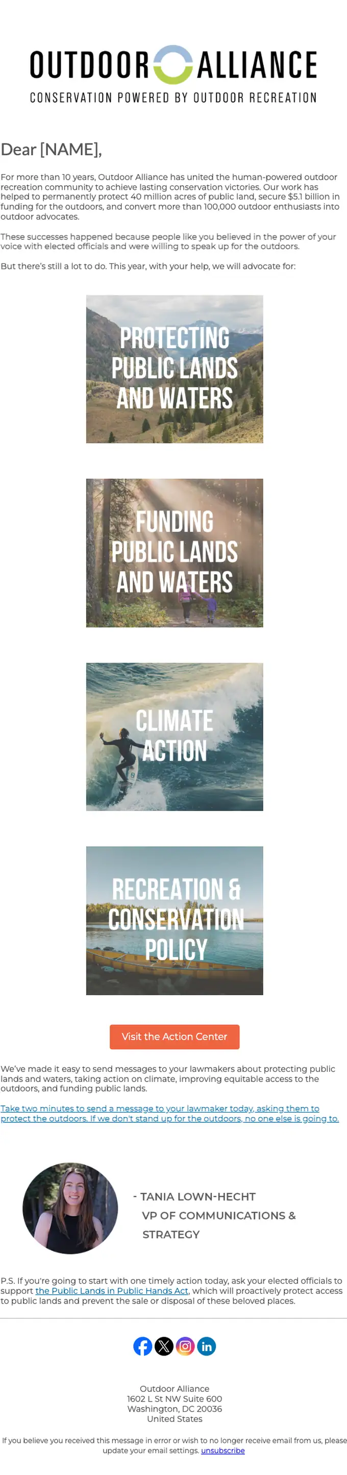 Outdoor Alliance newsletter email, full length