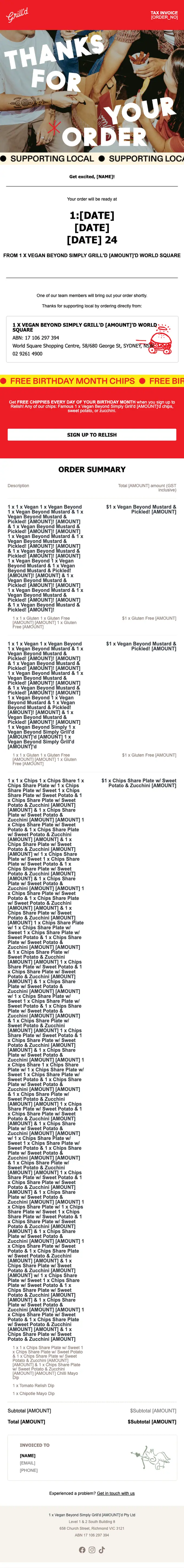 Grill'd order confirmation email, full length