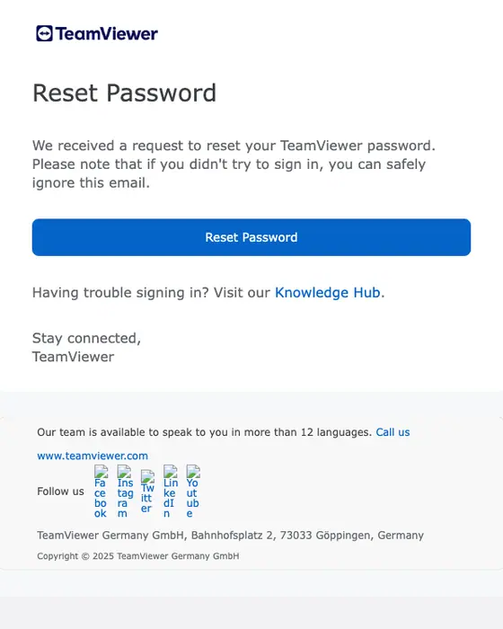 TeamViewer password reset email