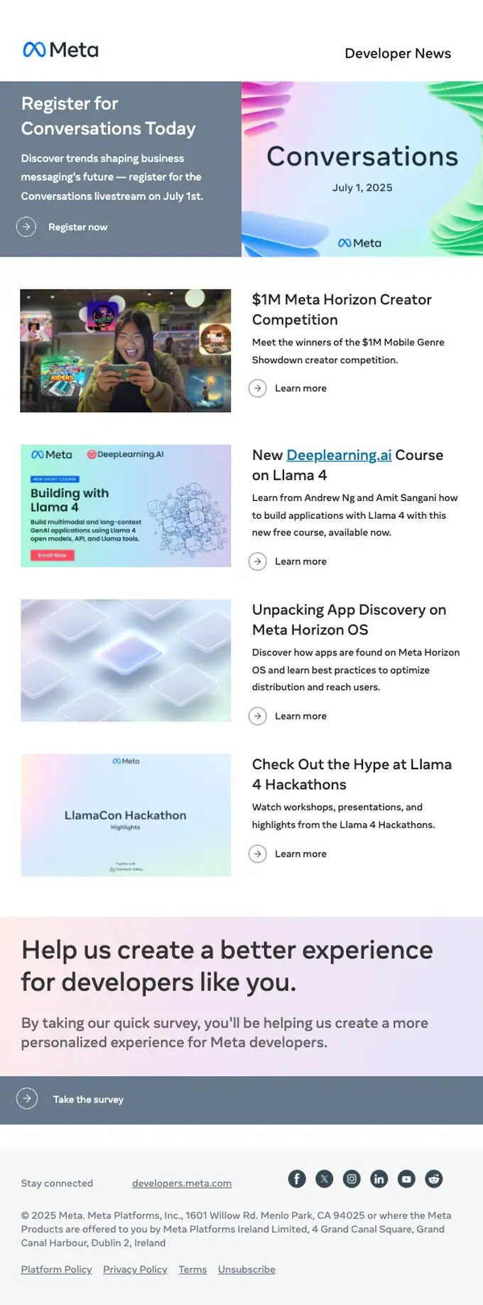 Meta for Developers newsletter email, full length