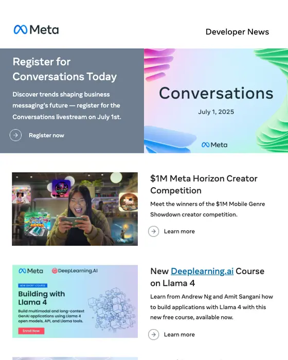 Meta for Developers newsletter email