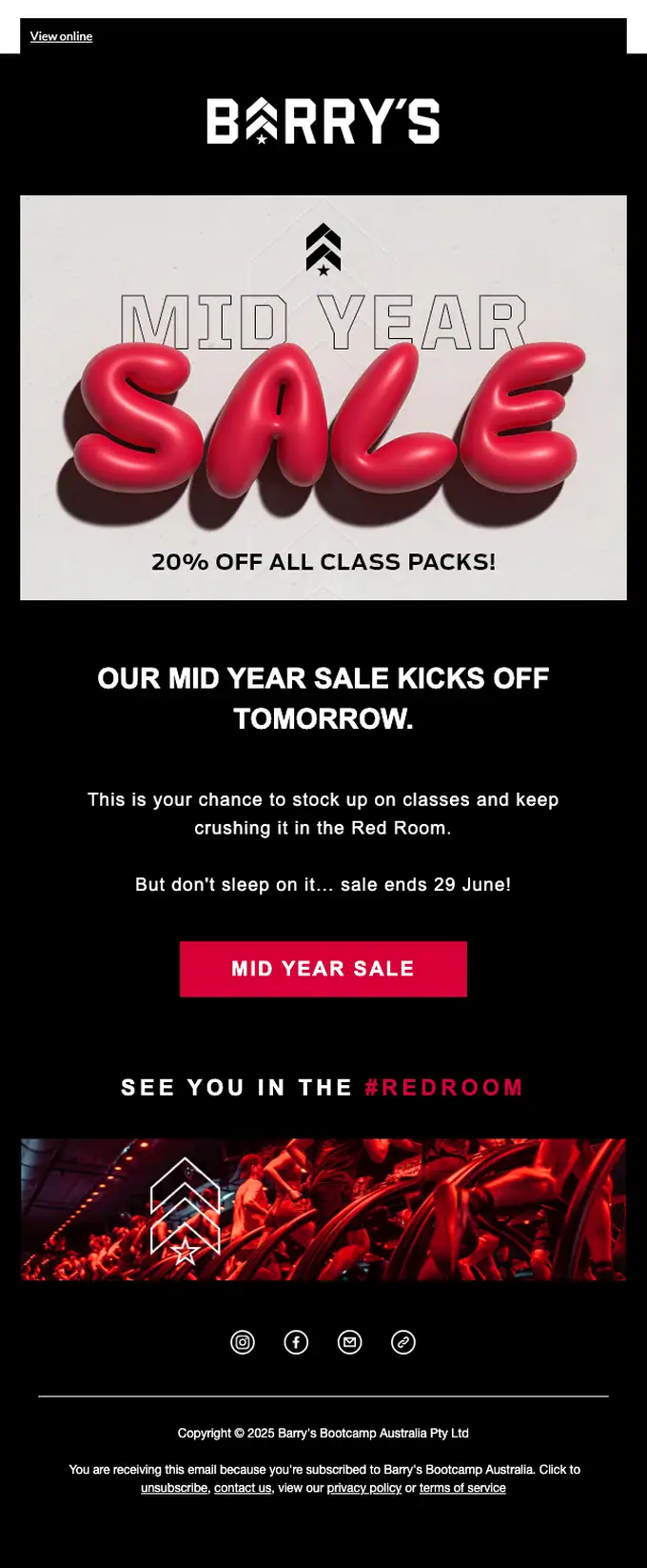 Barry's Bootcamp sale email, full length