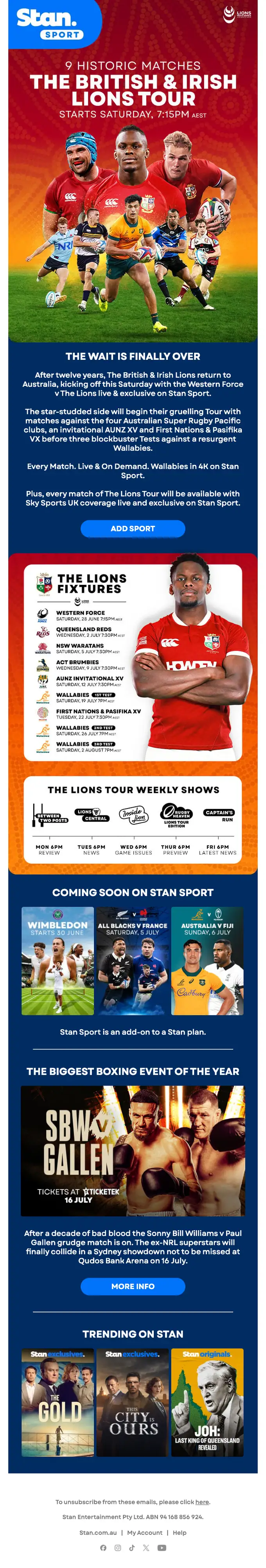 Stan Sport promotional email, full length