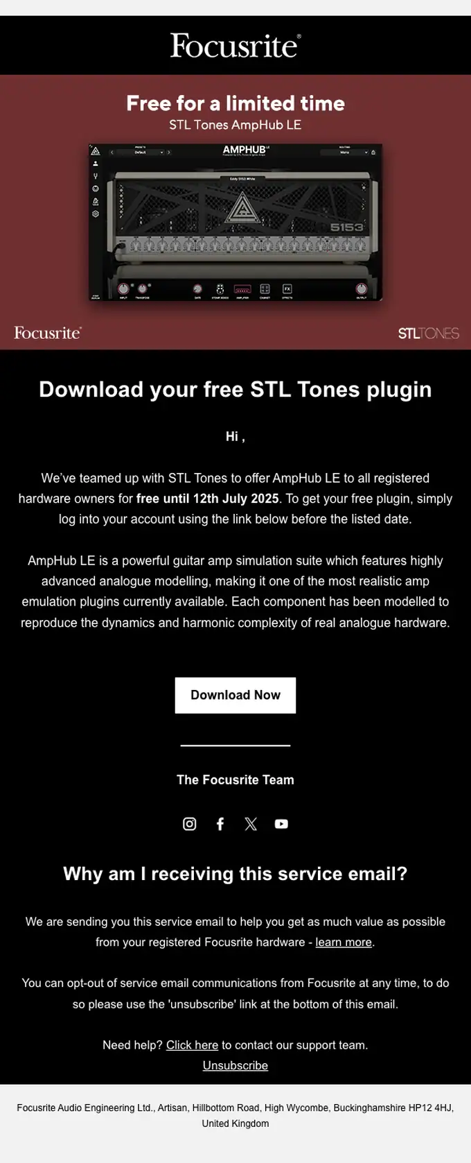 Focusrite promotional email, full length