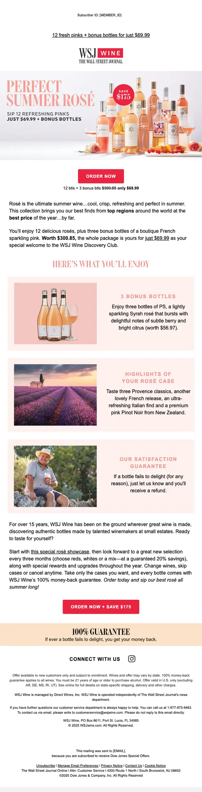 WSJ Wine promotional email, full length