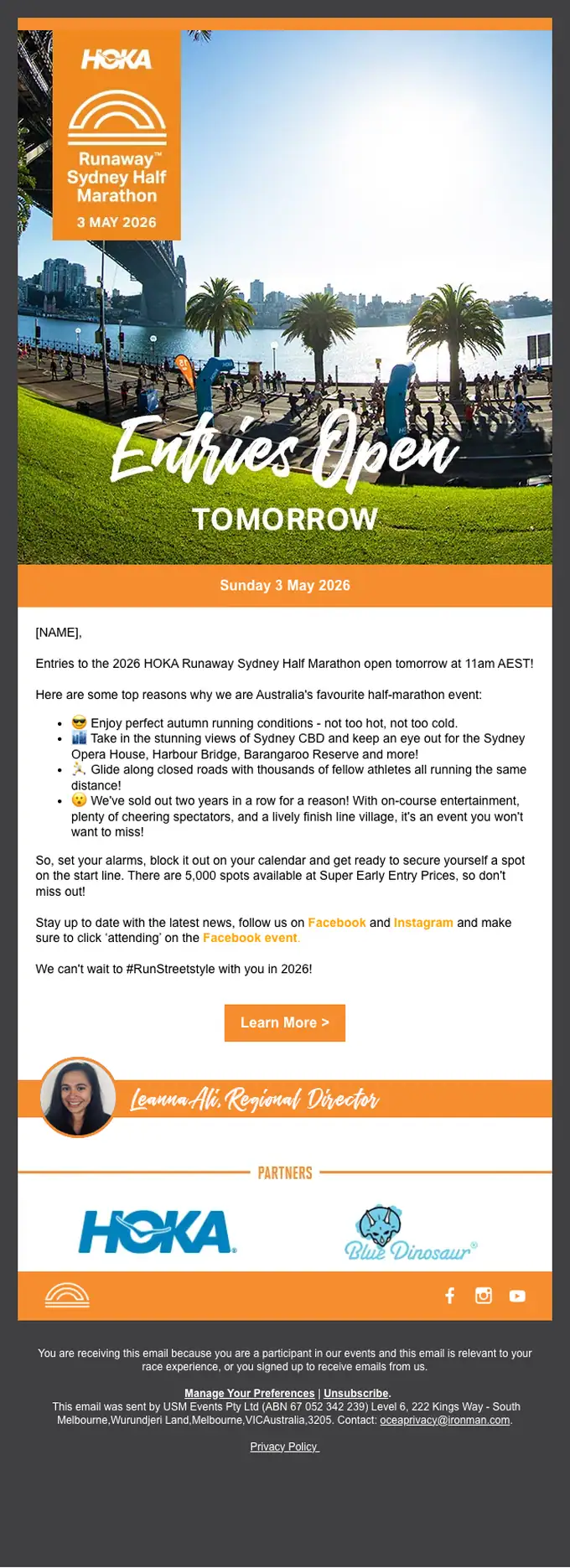 Runaway Sydney Half Marathon event invite email, full length