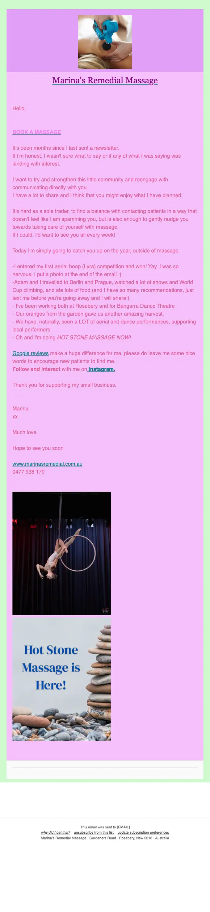 Marina's Remedial Massage newsletter email, full length