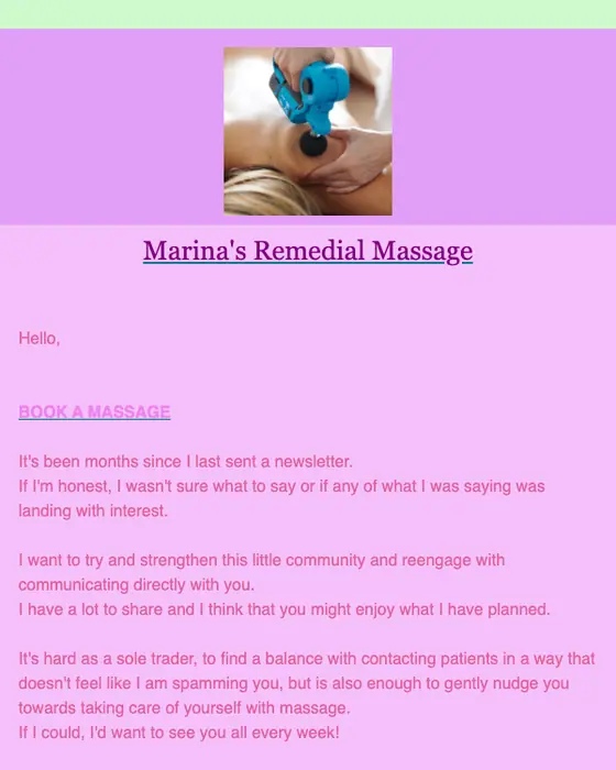 Marina's Remedial Massage newsletter email